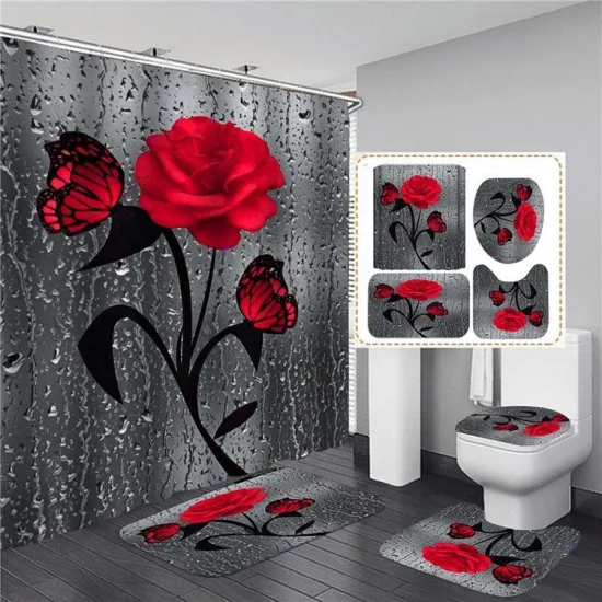 Cortina de ducha de tela de poliéster 100% impermeable con estampado 3D de rosas de estilo sudamericano